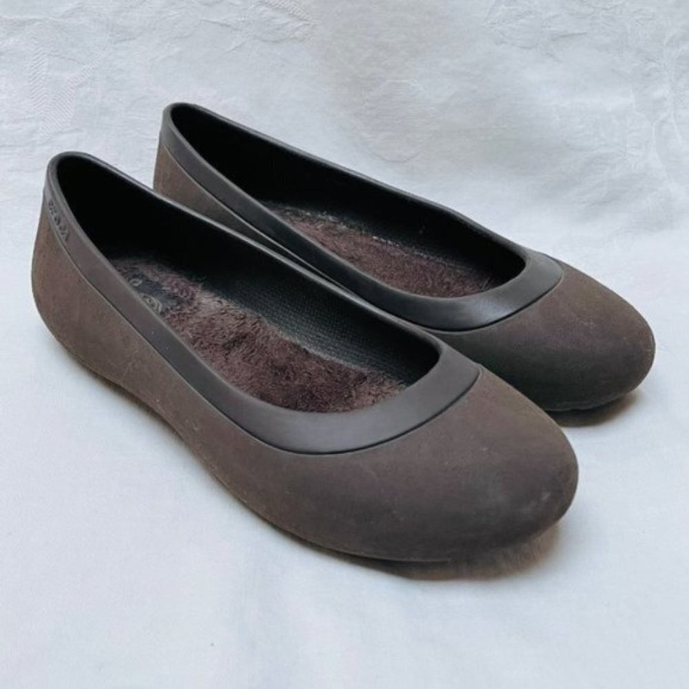 Crocs Slip On Shoes Womens 7 Ballet Flats Faux Fur Lined Lightweight Brown Comfy
